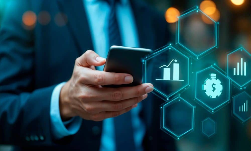 Profesionales revisando datos financieros y estrategias de inversión en un entorno corporativo moderno.